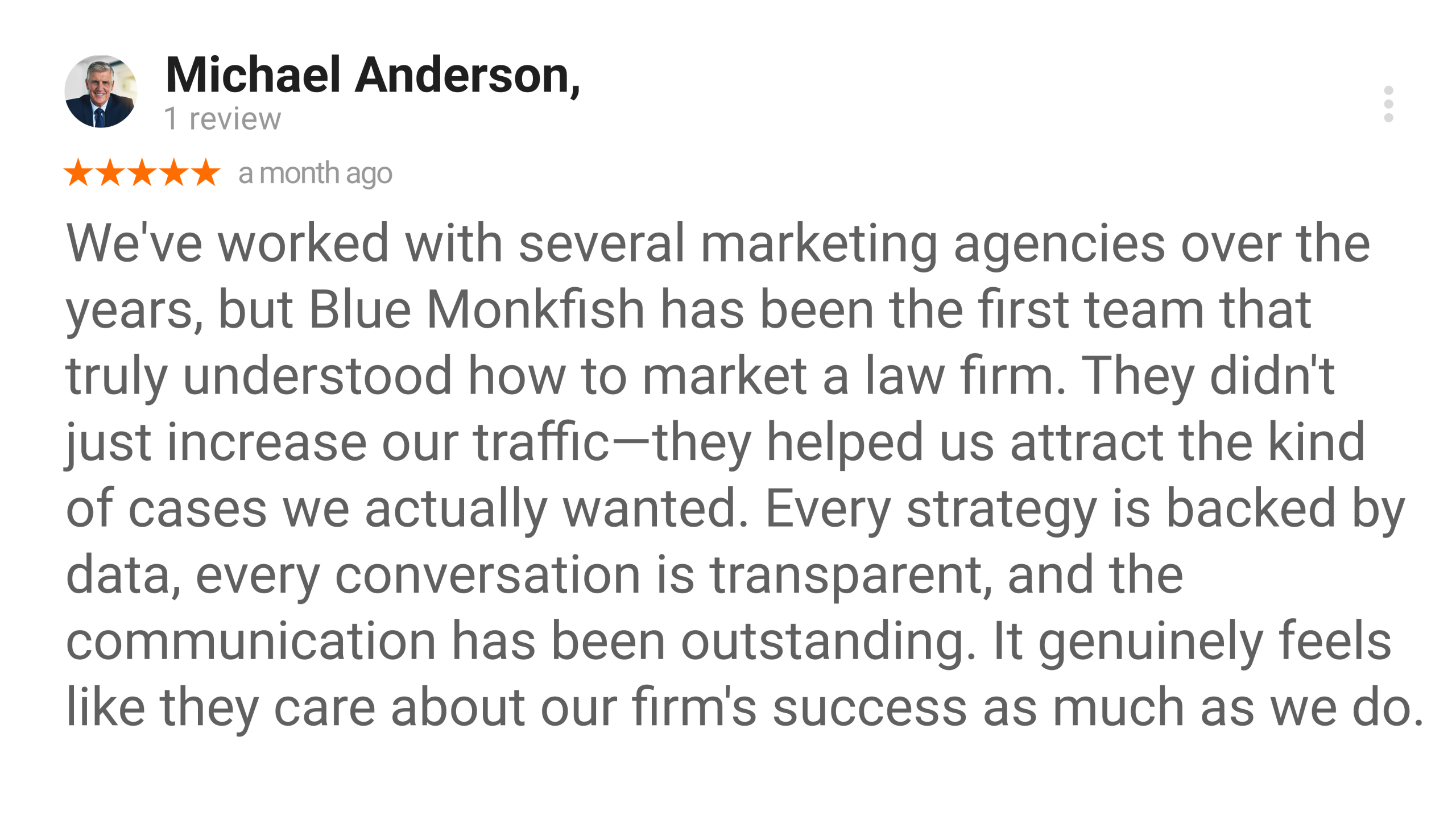 Michael Anderson Google review for Blue Monkfish
