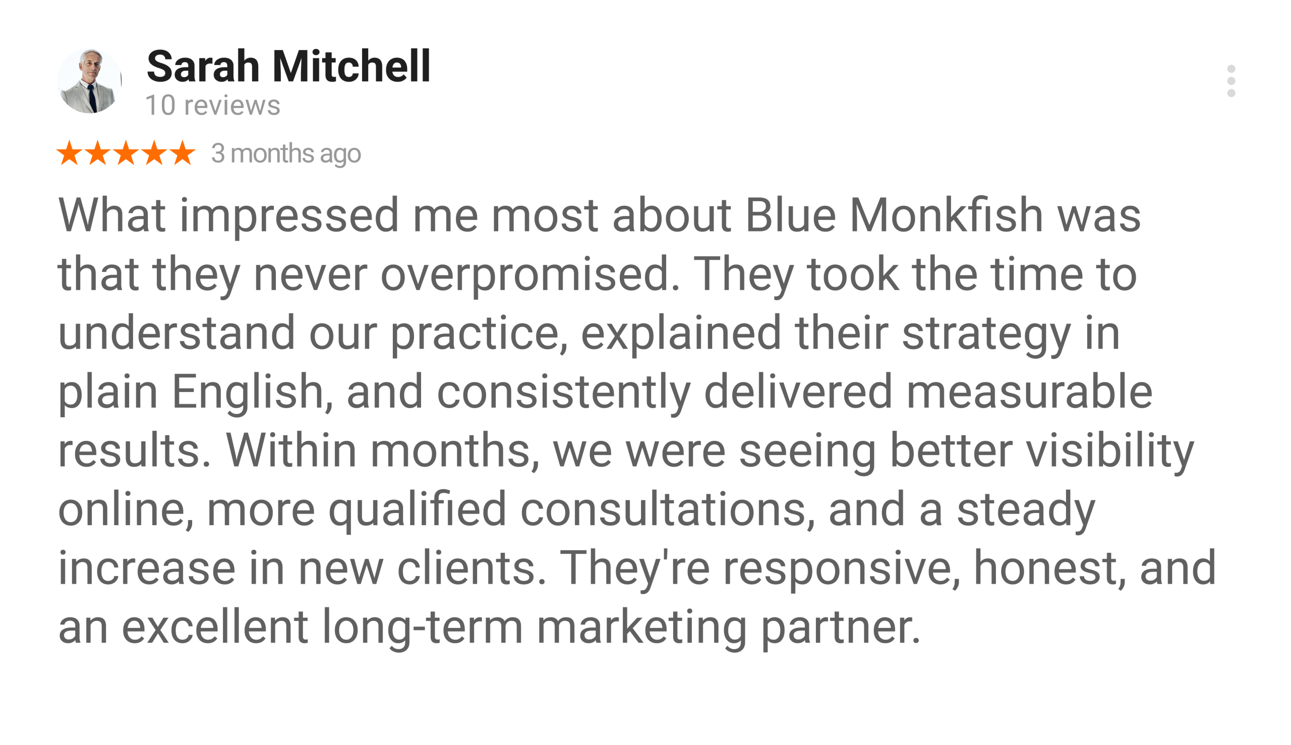 Sarah Mitchell Google review for Blue Monkfish