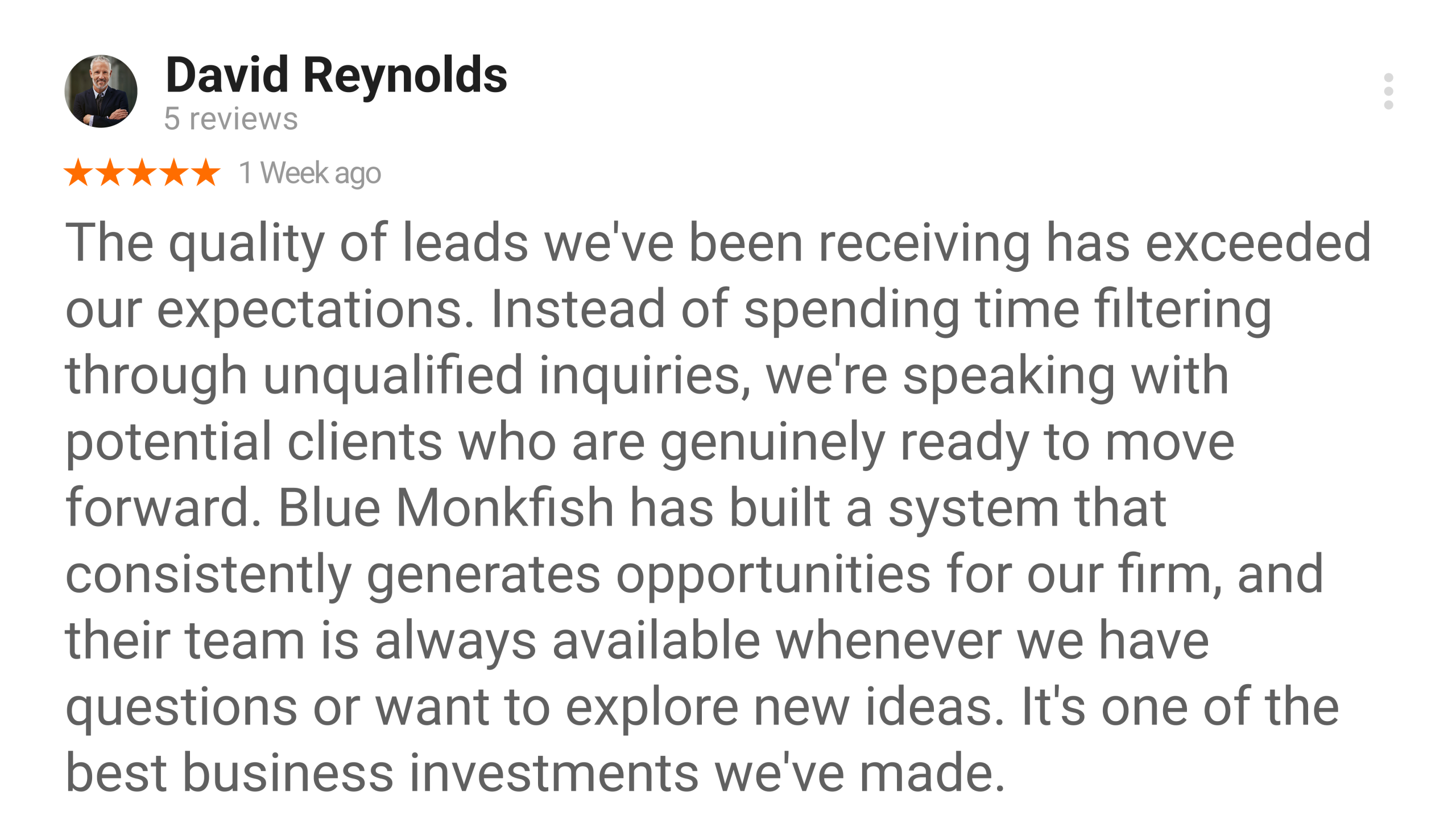David Reynolds Google review for Blue Monkfish