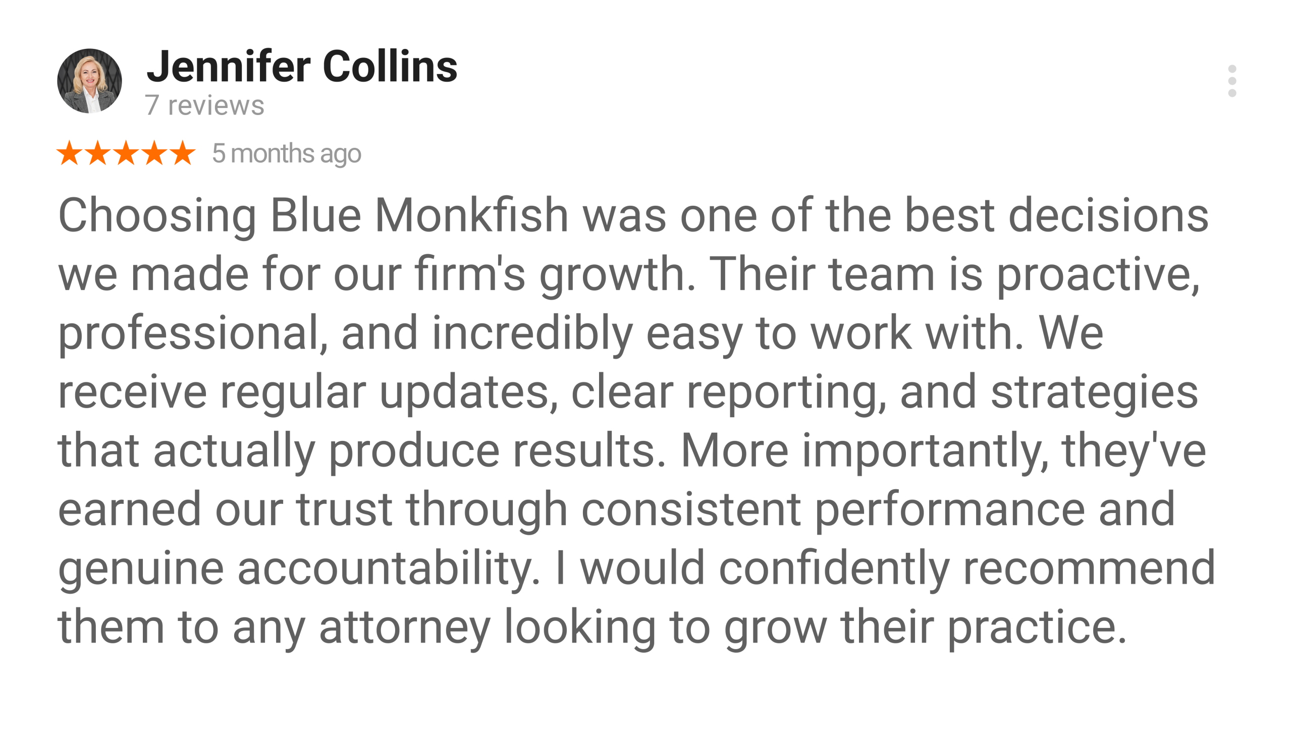 Jennifer Collins Google review for Blue Monkfish