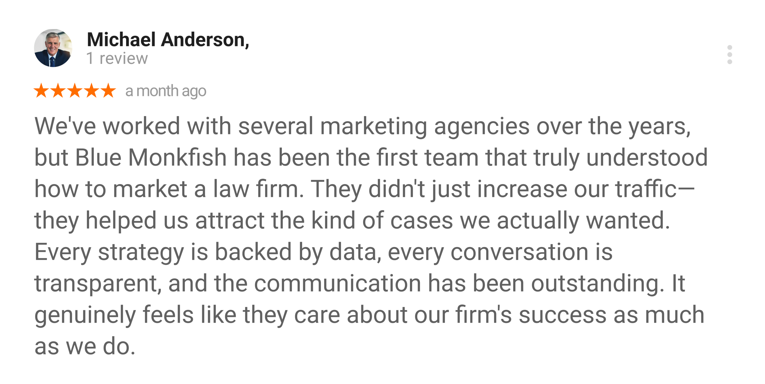 Michael Anderson Google review for Blue Monkfish