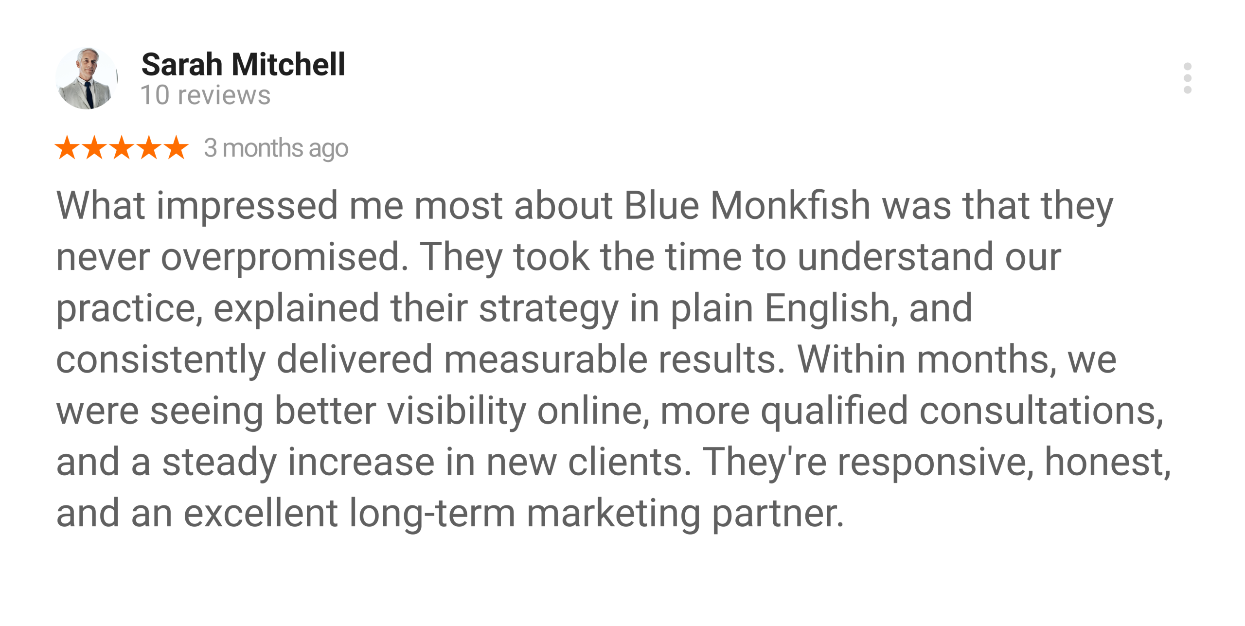 Sarah Mitchell Google review for Blue Monkfish