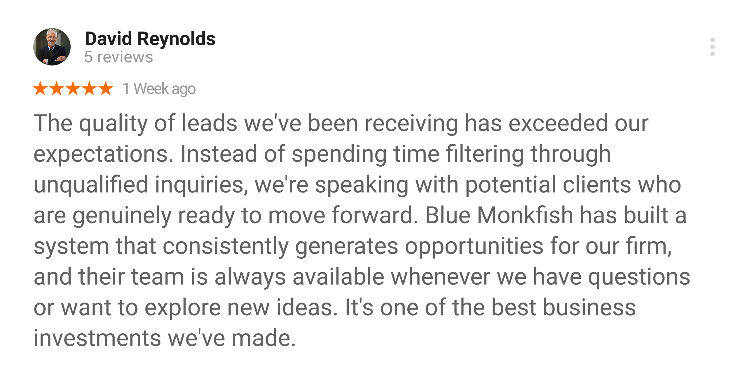 David Reynolds Google review for Blue Monkfish