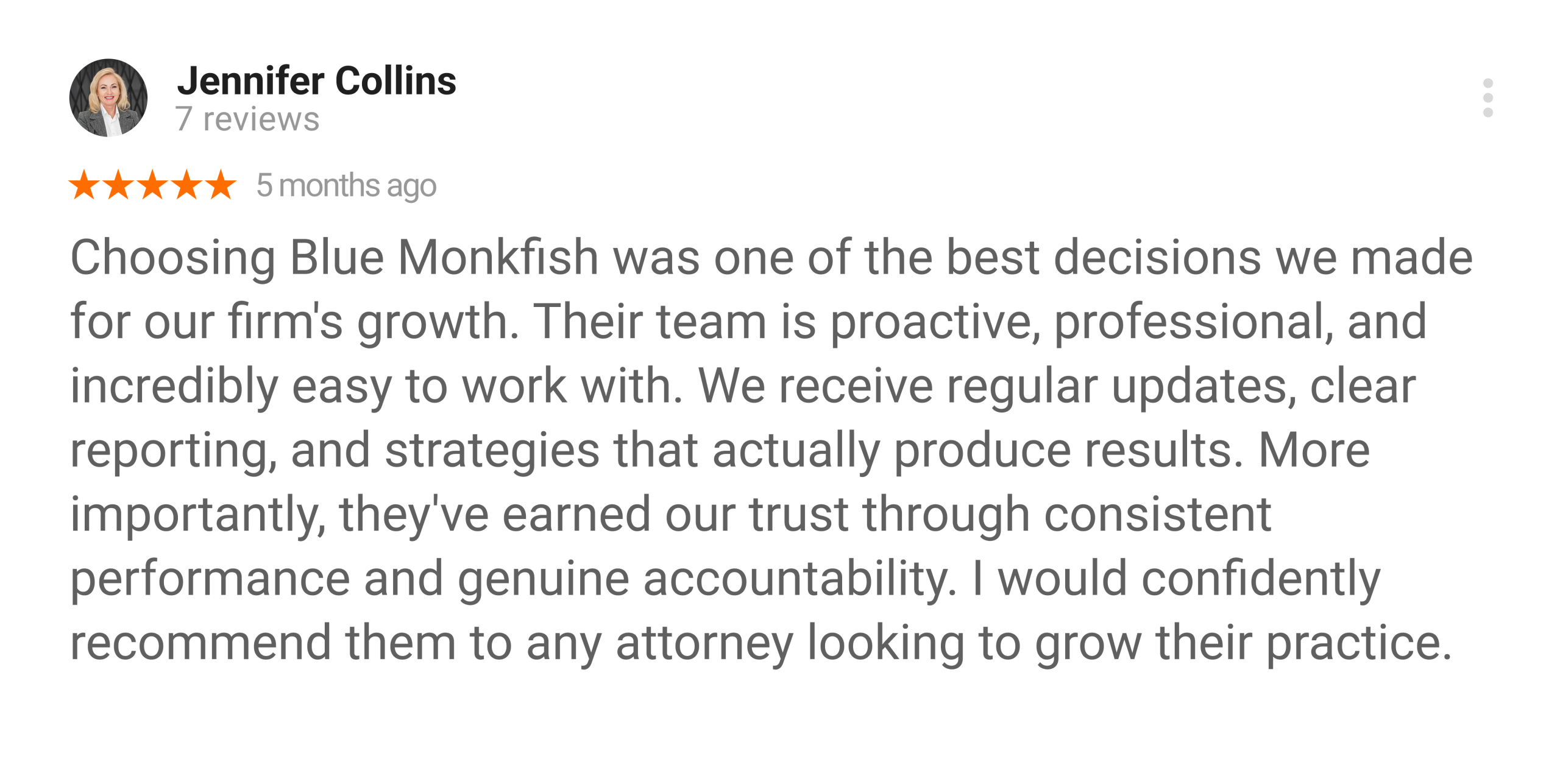Jennifer Collins Google review for Blue Monkfish